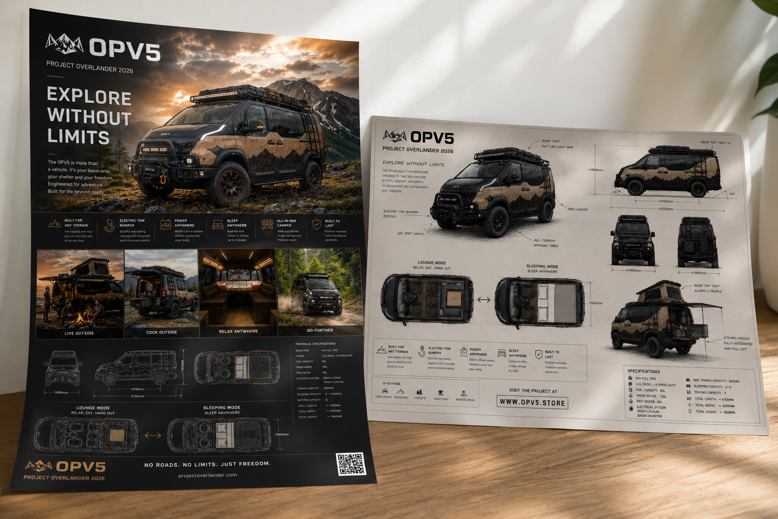 OPV5 limited edition poster set showing both the hero and technical blueprint designs