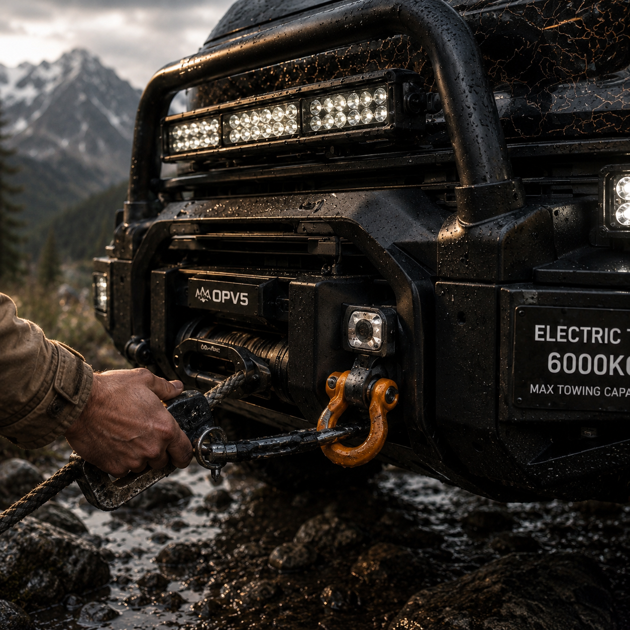 Close-up of the OPV5 electric tow bumper with integrated winch and recovery hardware.